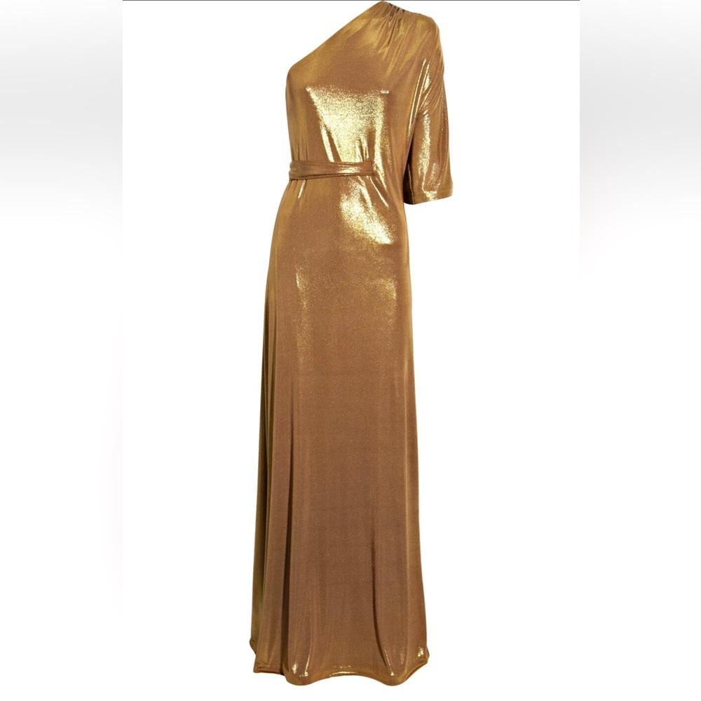 Halston Heritage Asymmetric Lamé Gown in Gold
